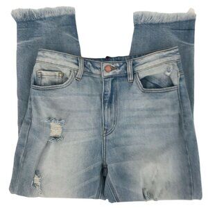 KanCan Women High Rise Distressed Raw Hem Blue Mom Fit Denim Cropped Jeans Sz 28